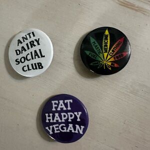 Set of Three Vegan and Social Club Pins Badges Pin Backs
